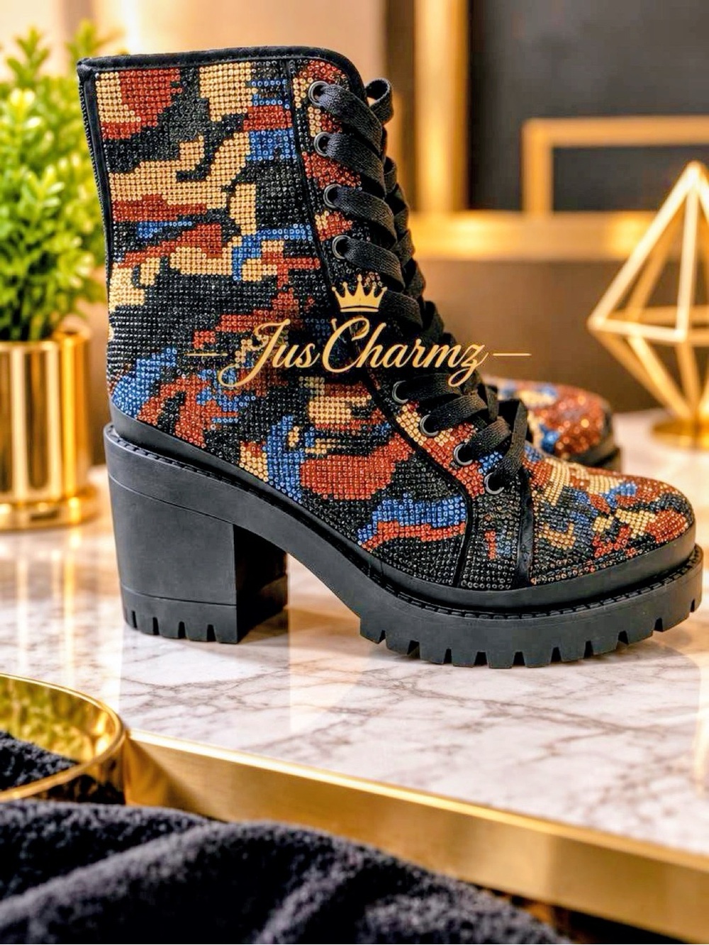 “Steve Madden” PASS Camo Rhinestone Combat Boots